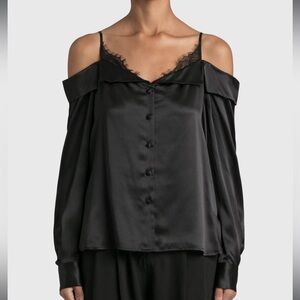 Jonathan Simkhai Caylee Silk Lace Plisse Off Shoulder Button Down size XS Rib